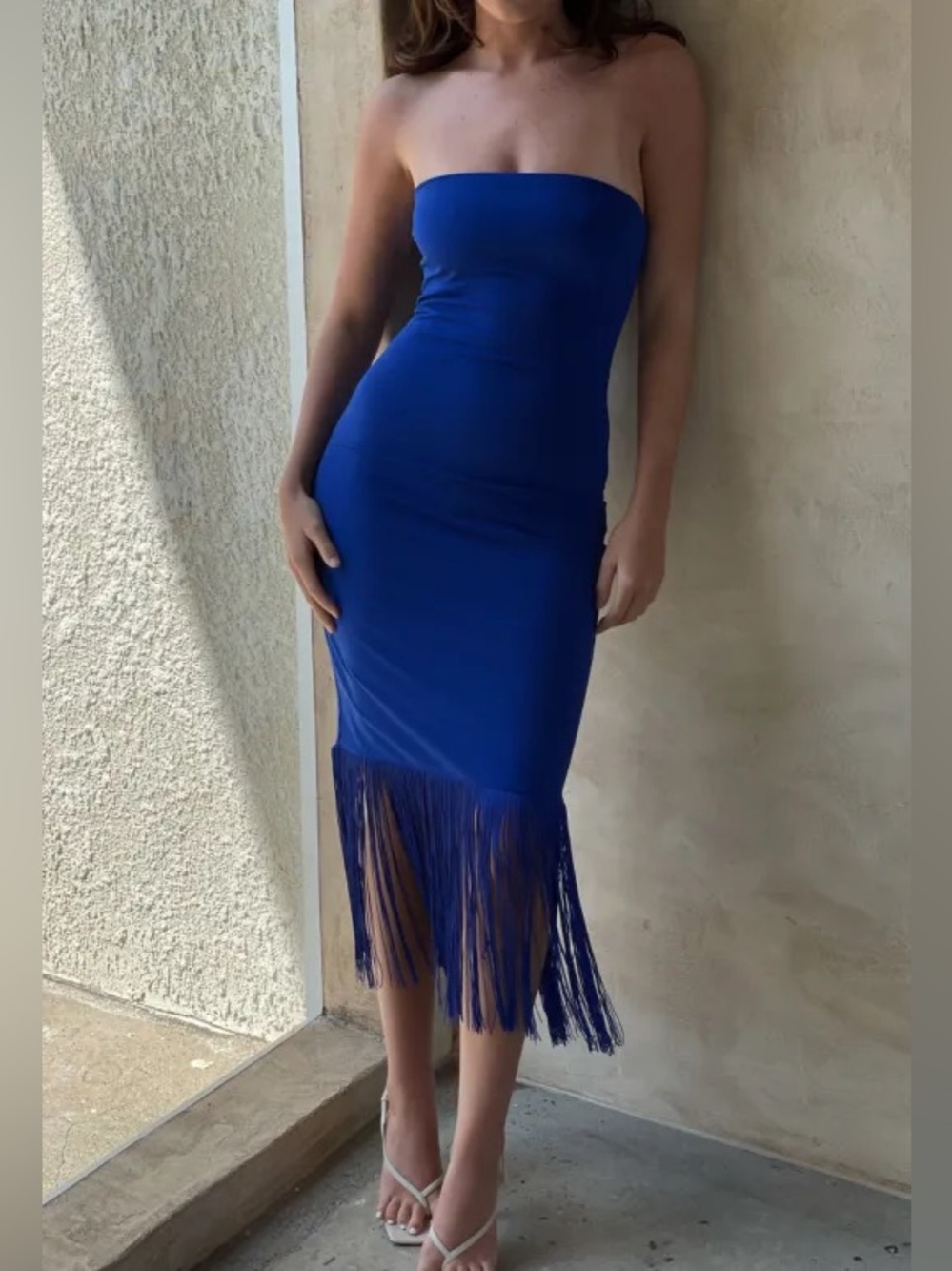 MESHKI Zarina Strapless Fringe Ruched Midi Dress - Blue (Size M)